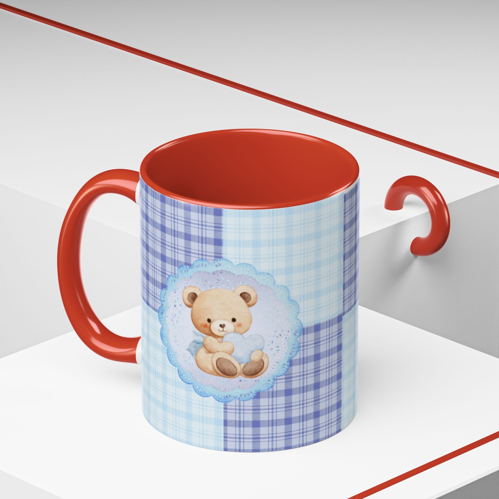 Blue Teddy Bear Plaid Accent Coffee Mug — Baby Shower Newborn Gift (11/15oz)