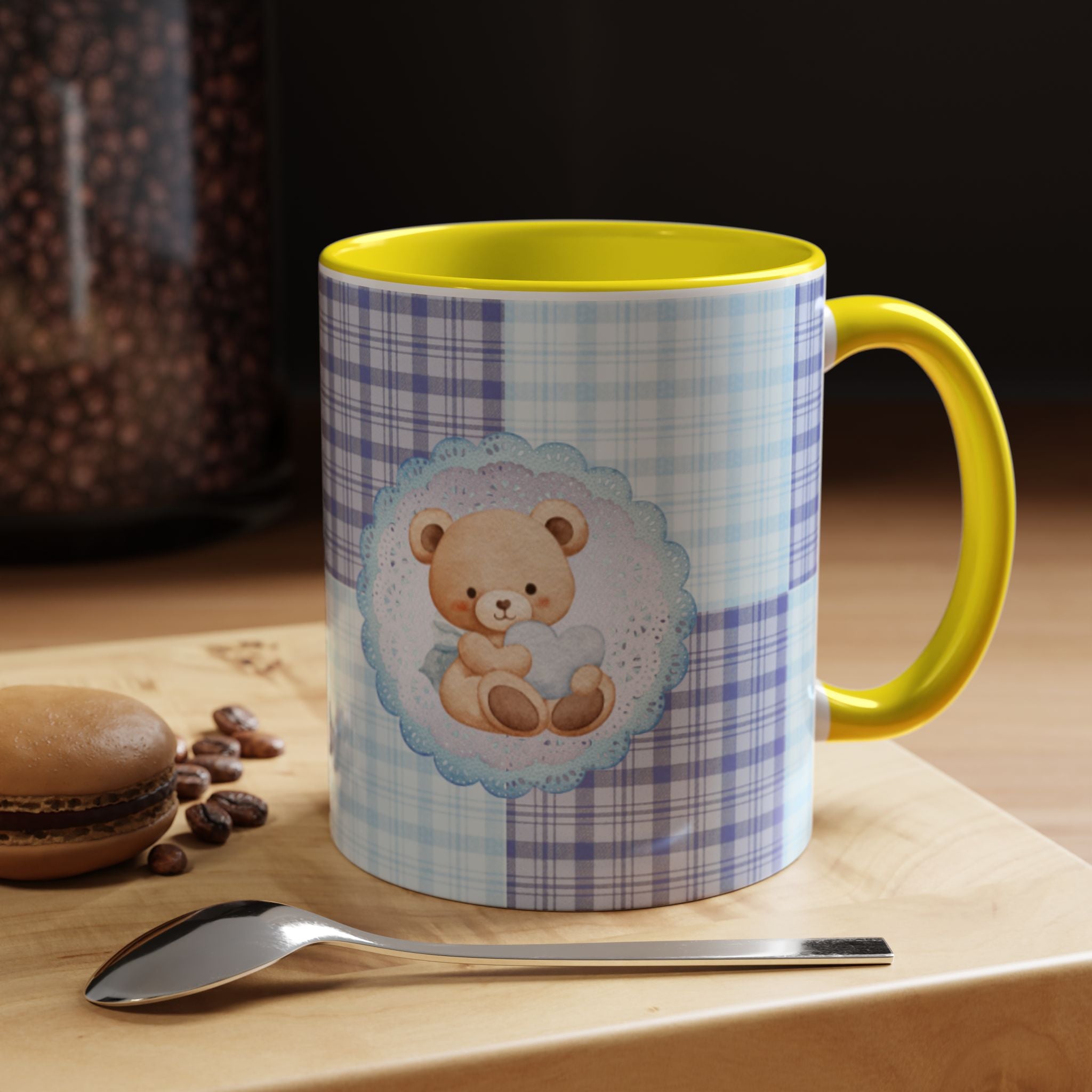 Blue Teddy Bear Plaid Accent Coffee Mug — Baby Shower Newborn Gift (11/15oz)