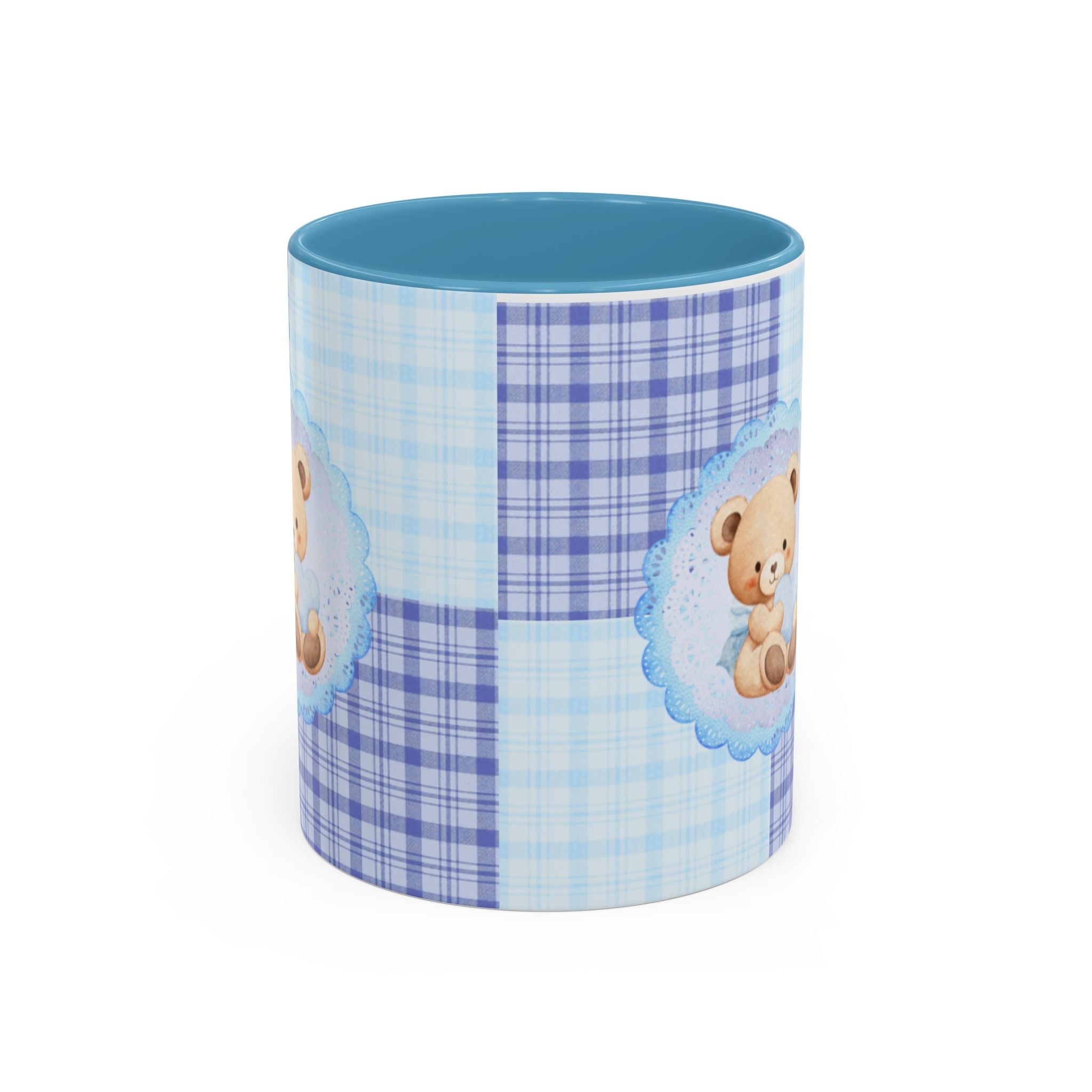 Blue Teddy Bear Plaid Accent Coffee Mug — Baby Shower Newborn Gift (11/15oz)