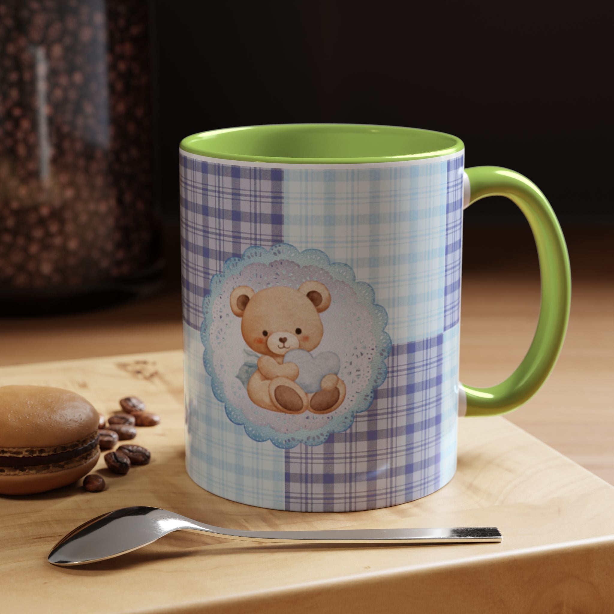 Blue Teddy Bear Plaid Accent Coffee Mug — Baby Shower Newborn Gift (11/15oz)