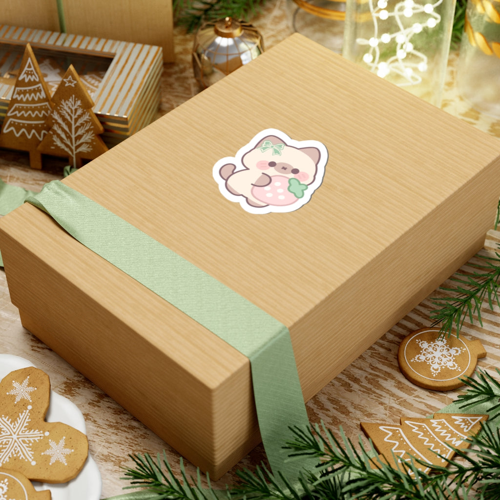 Kawaii Cat with Strawberry Kiss-Cut Sticker — Cute Pastel Laptop Decal