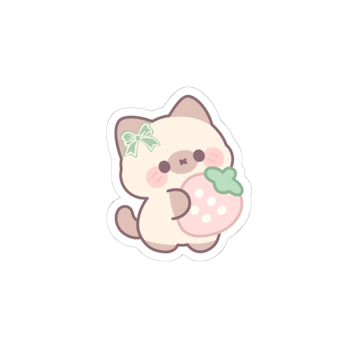 Kawaii Cat with Strawberry Kiss-Cut Sticker — Cute Pastel Laptop Decal