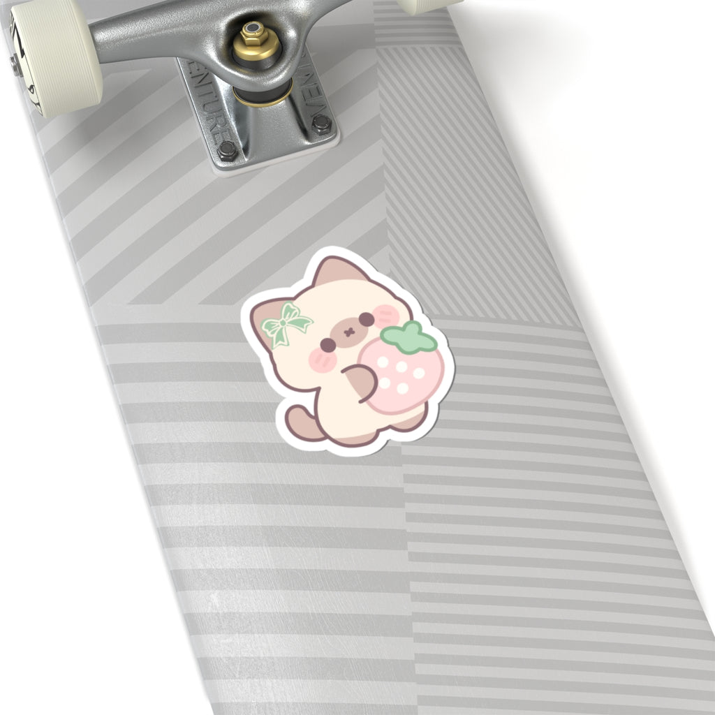 Kawaii Cat with Strawberry Kiss-Cut Sticker — Cute Pastel Laptop Decal