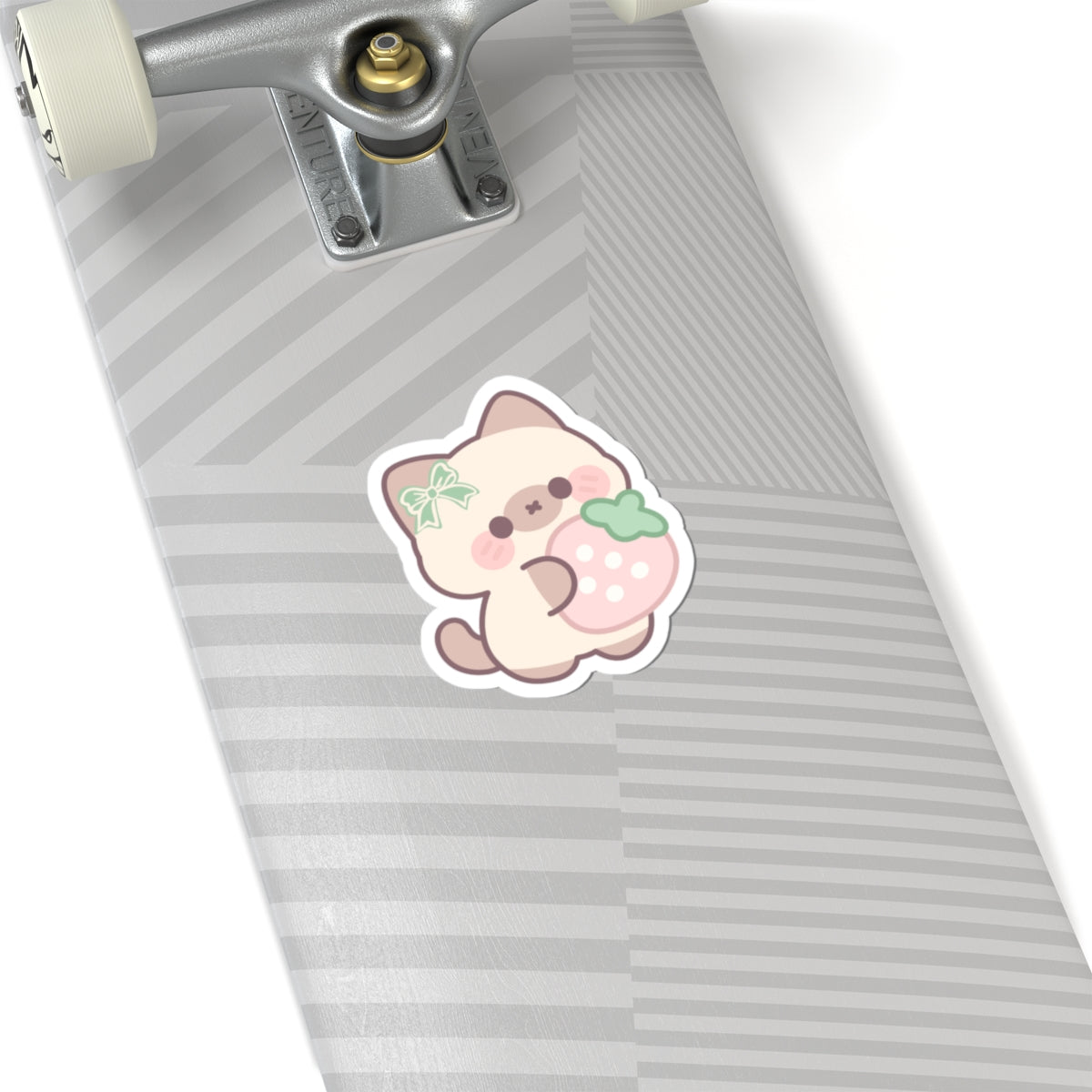 Kawaii Cat with Strawberry Kiss-Cut Sticker — Cute Pastel Laptop Decal