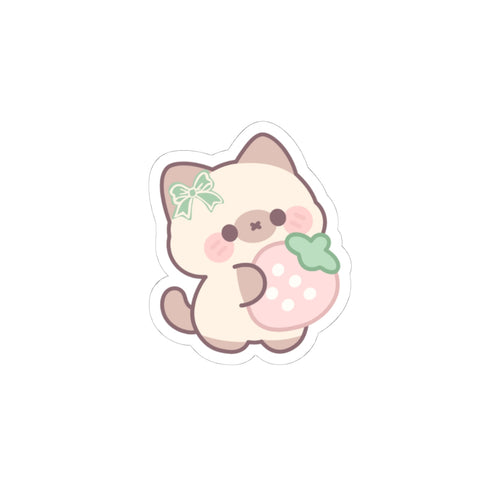 Kawaii Cat with Strawberry Kiss-Cut Sticker — Cute Pastel Laptop Decal
