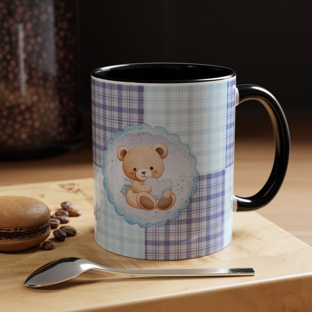 Blue Teddy Bear Plaid Accent Coffee Mug — Baby Shower Newborn Gift (11/15oz)