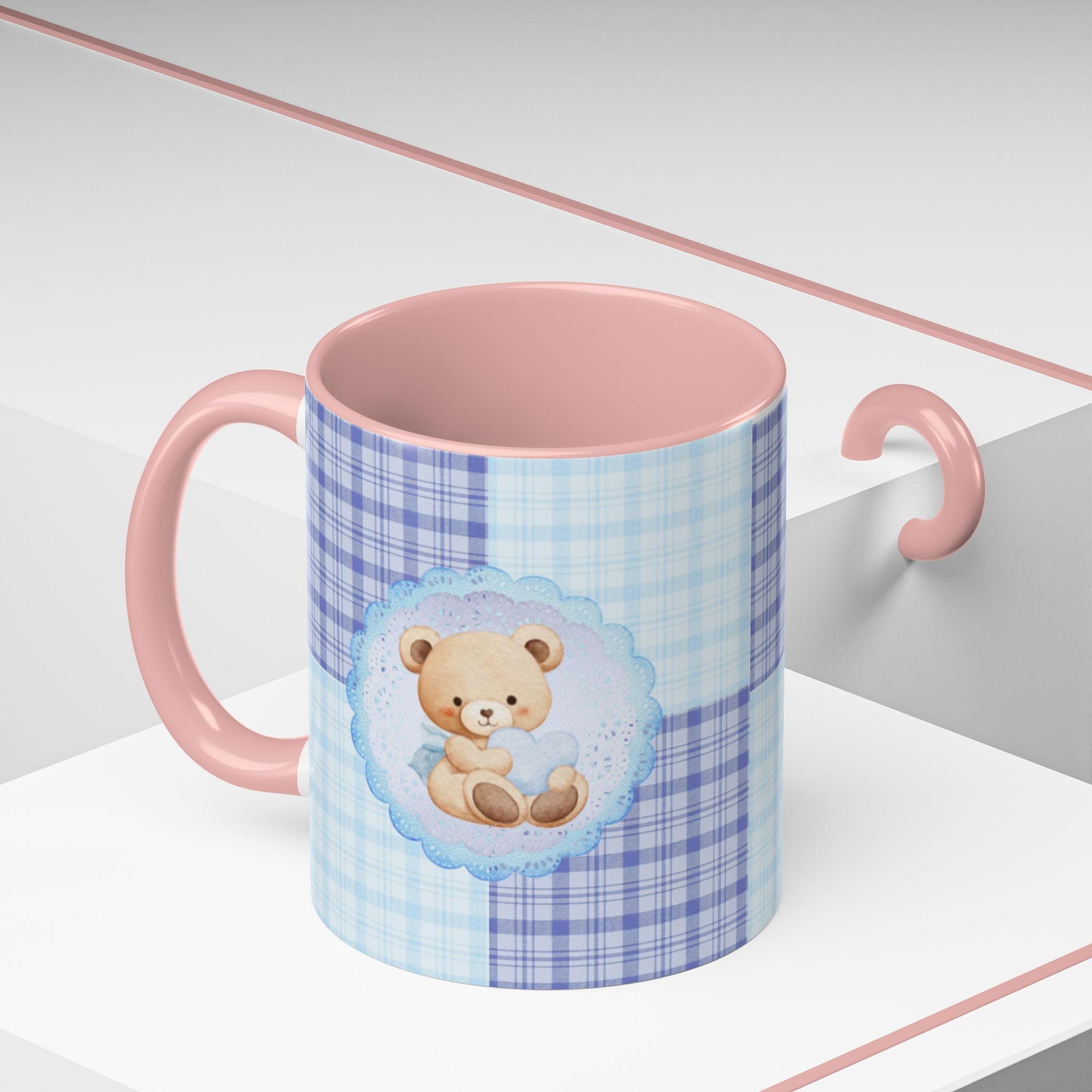 Blue Teddy Bear Plaid Accent Coffee Mug — Baby Shower Newborn Gift (11/15oz)