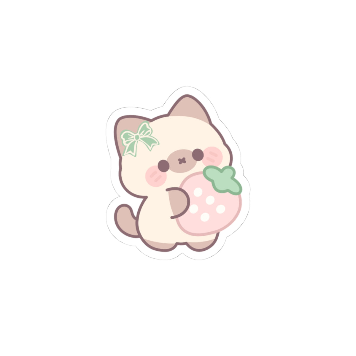 Kawaii Cat with Strawberry Kiss-Cut Sticker — Cute Pastel Laptop Decal
