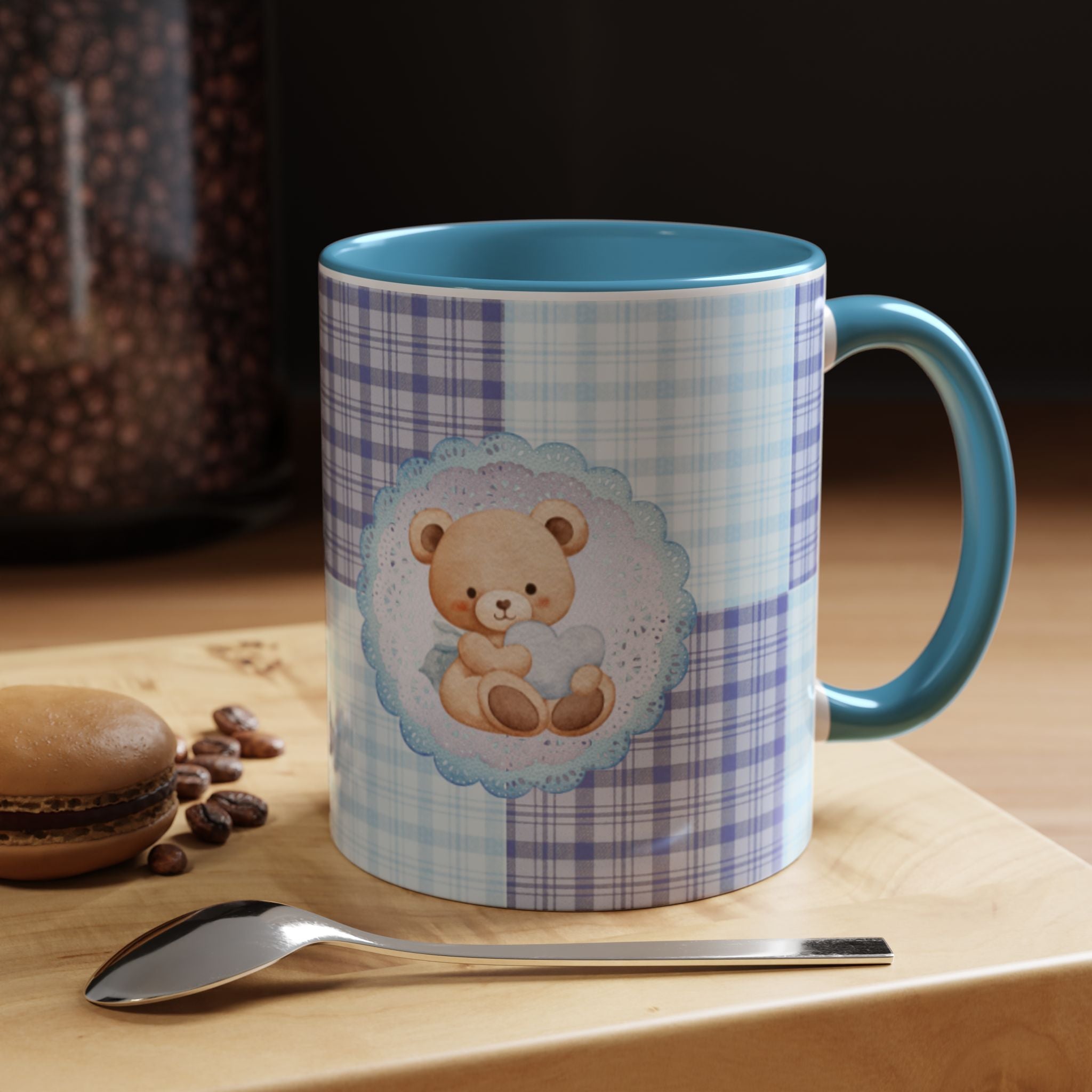 Blue Teddy Bear Plaid Accent Coffee Mug — Baby Shower Newborn Gift (11/15oz)