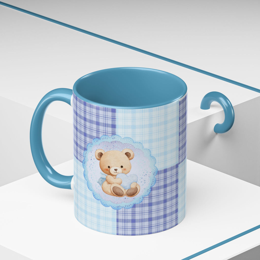 Blue Teddy Bear Plaid Accent Coffee Mug — Baby Shower Newborn Gift (11/15oz)