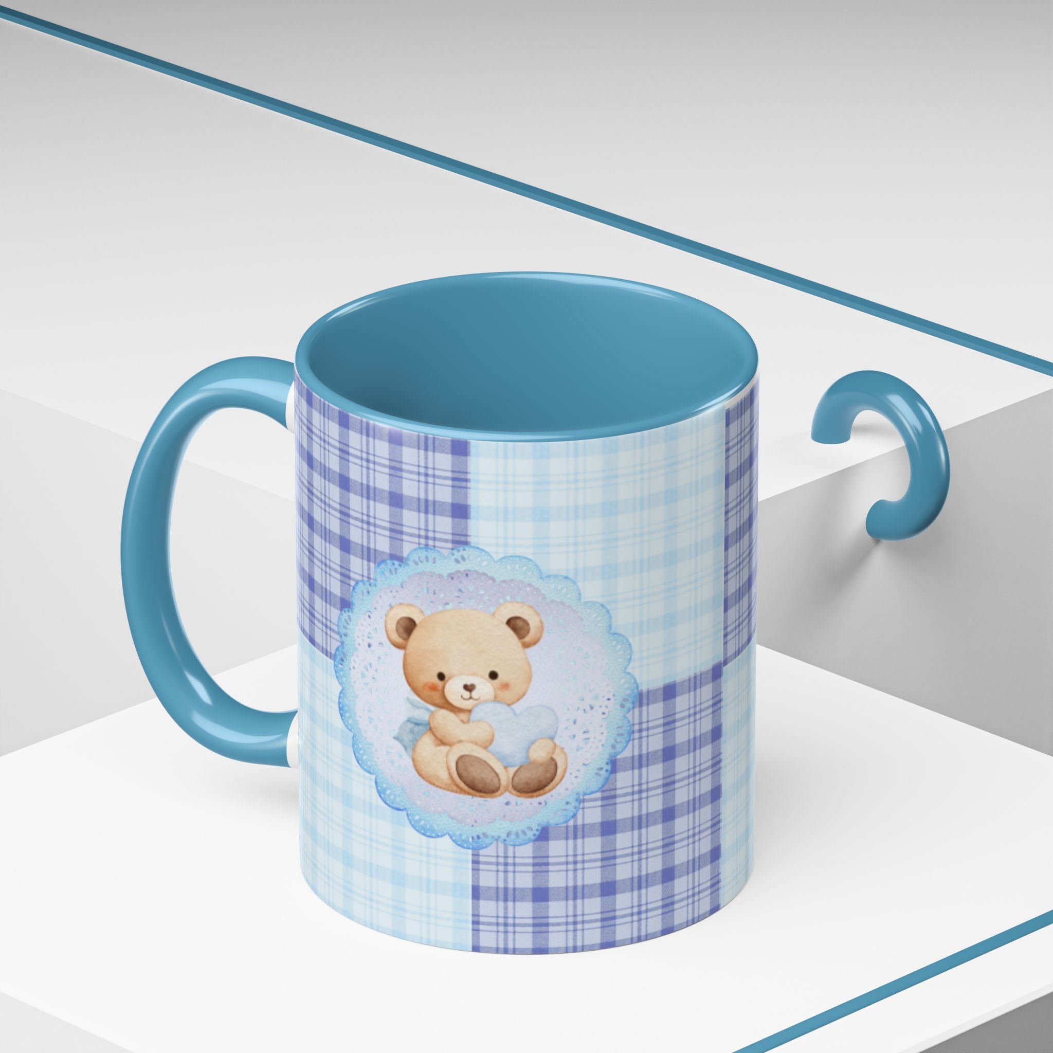 Blue Teddy Bear Plaid Accent Coffee Mug — Baby Shower Newborn Gift (11/15oz)