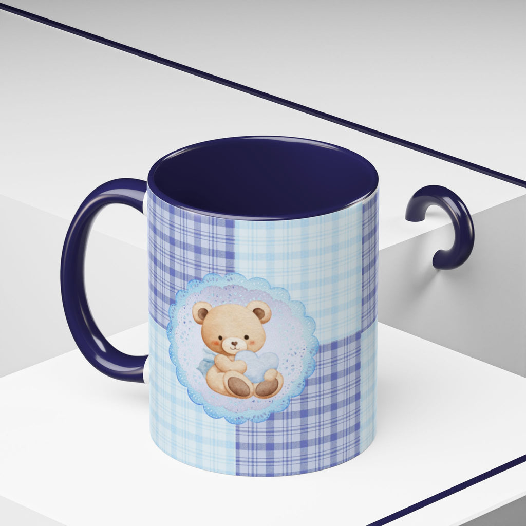 Blue Teddy Bear Plaid Accent Coffee Mug — Baby Shower Newborn Gift (11/15oz)