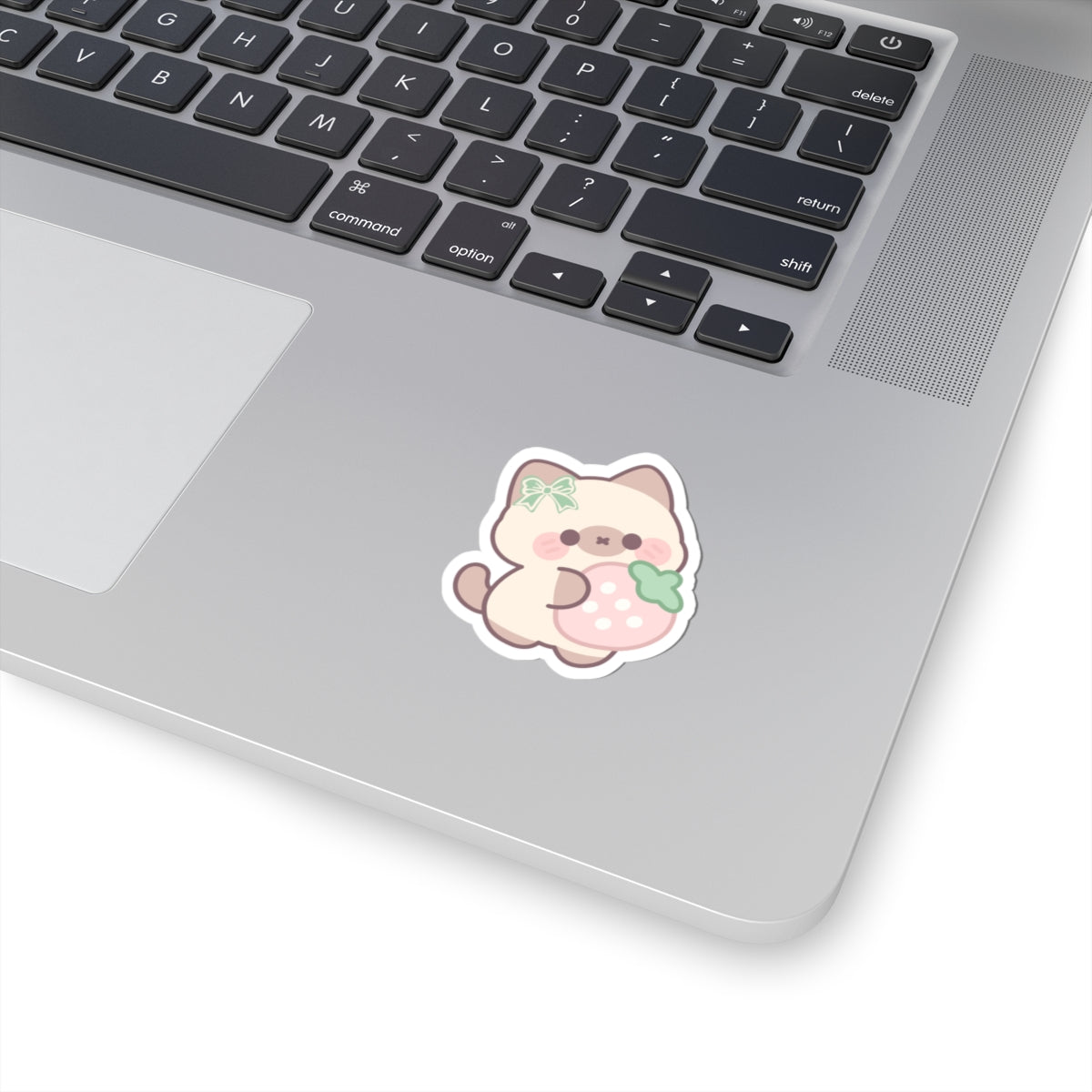 Kawaii Cat with Strawberry Kiss-Cut Sticker — Cute Pastel Laptop Decal