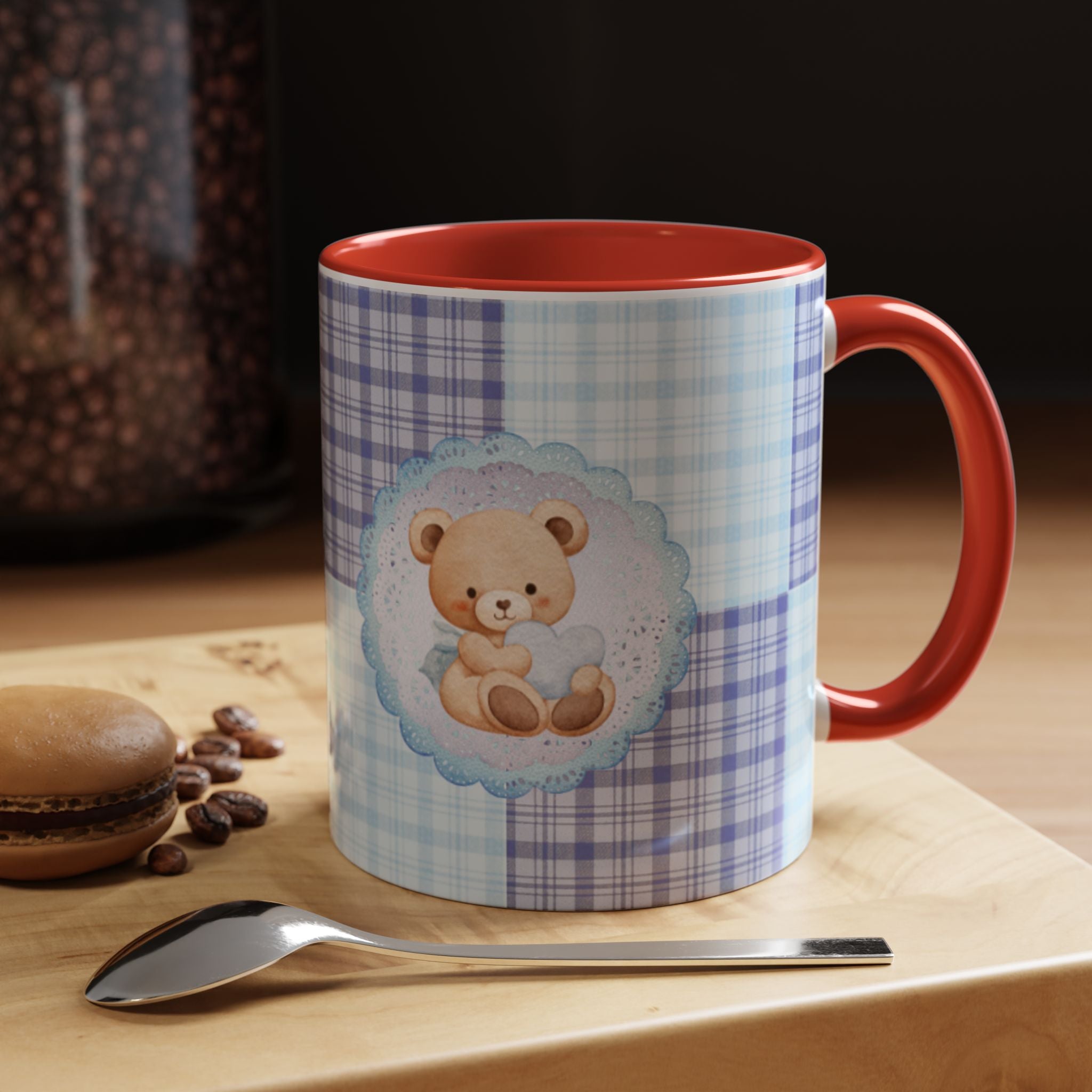 Blue Teddy Bear Plaid Accent Coffee Mug — Baby Shower Newborn Gift (11/15oz)