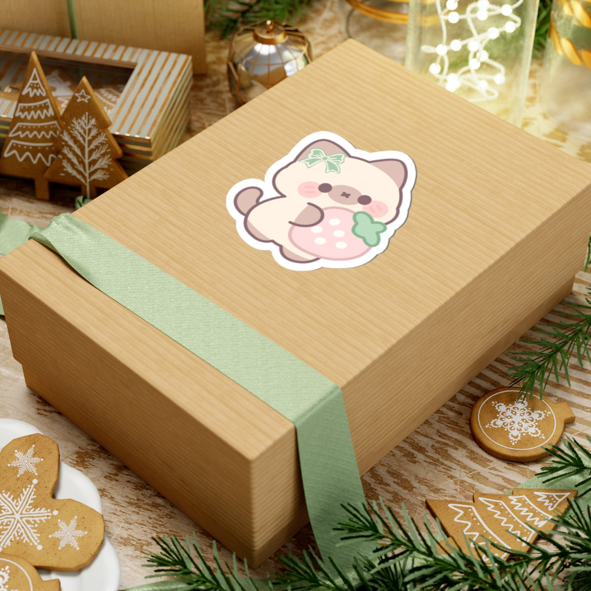Kawaii Cat with Strawberry Kiss-Cut Sticker — Cute Pastel Laptop Decal