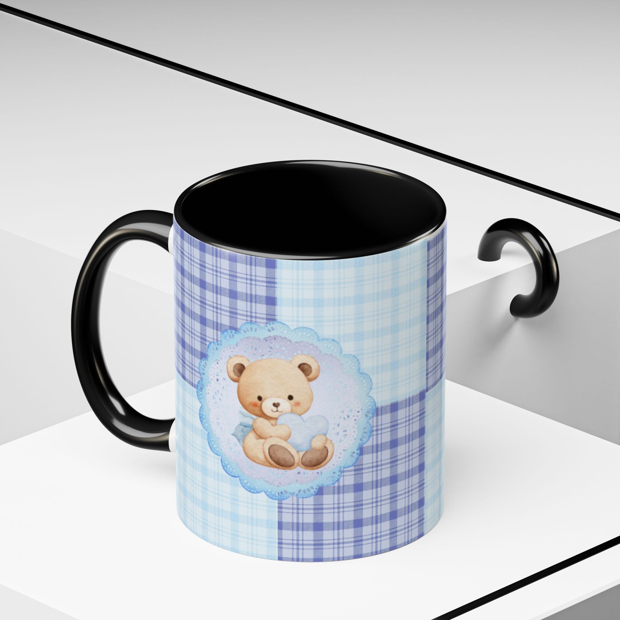 Blue Teddy Bear Plaid Accent Coffee Mug — Baby Shower Newborn Gift (11/15oz)