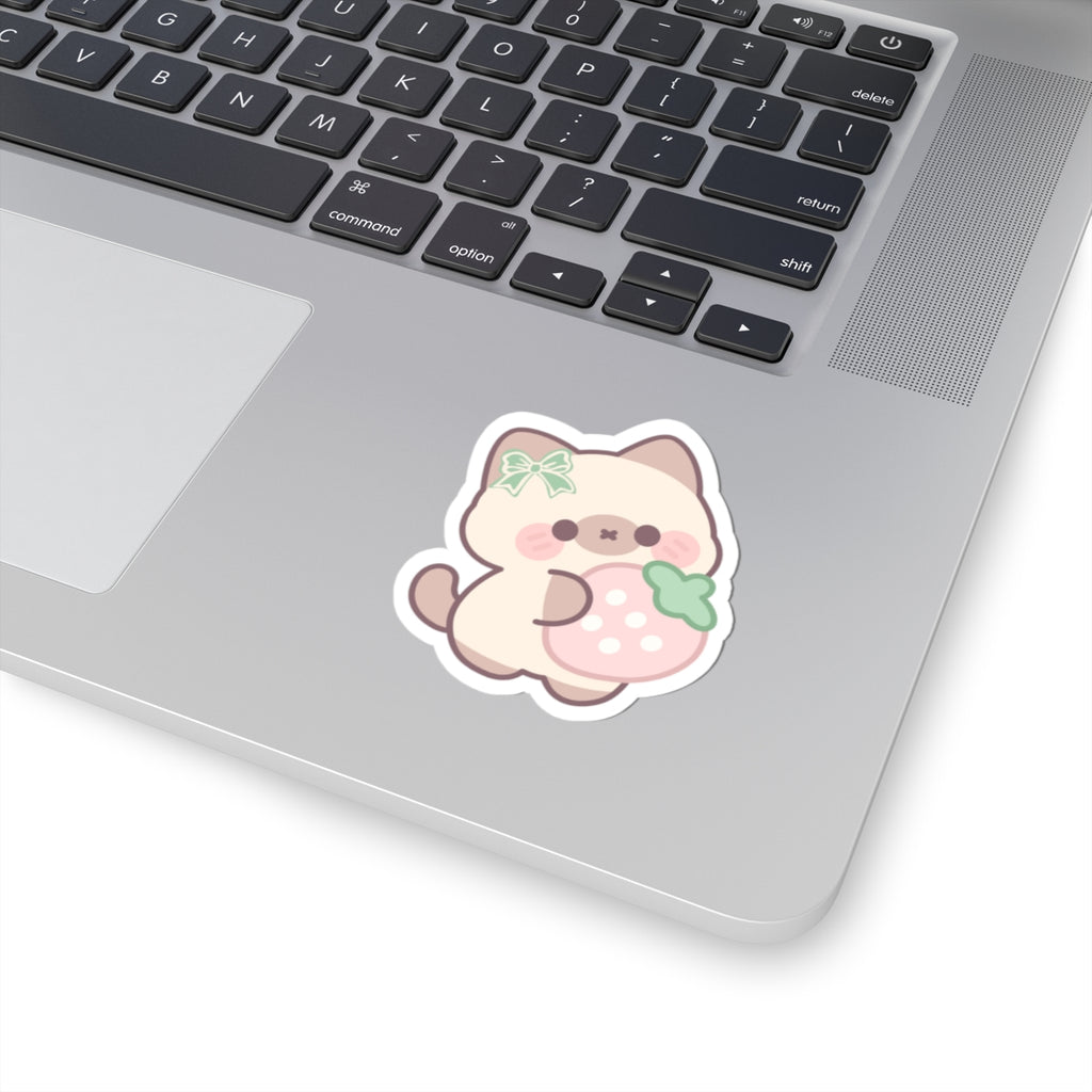 Kawaii Cat with Strawberry Kiss-Cut Sticker — Cute Pastel Laptop Decal