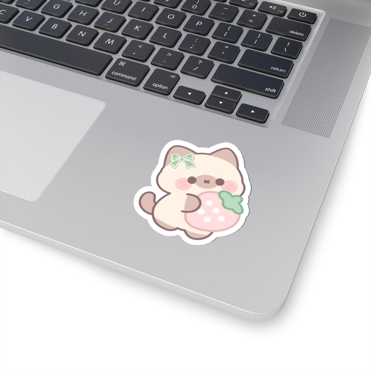 Kawaii Cat with Strawberry Kiss-Cut Sticker — Cute Pastel Laptop Decal