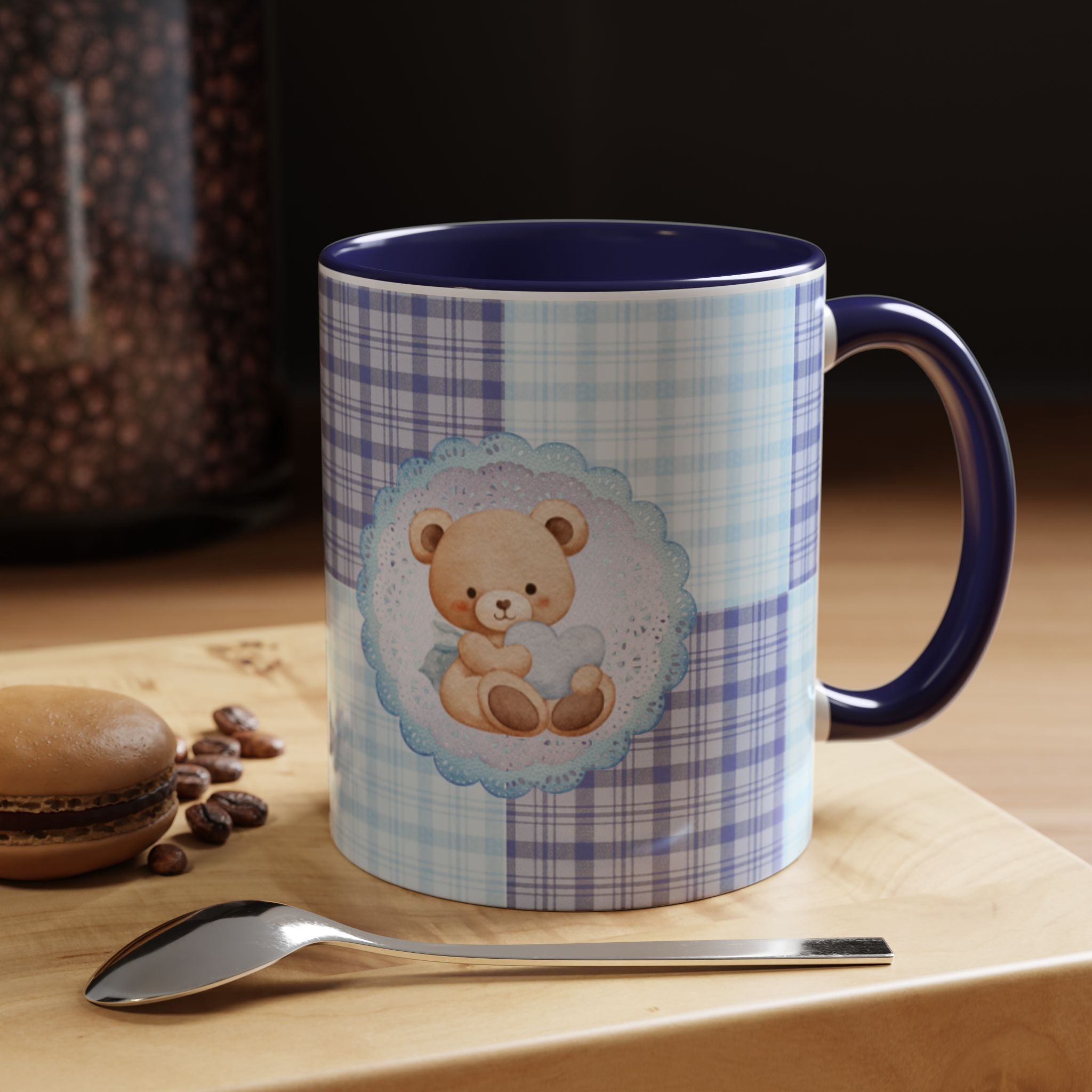 Blue Teddy Bear Plaid Accent Coffee Mug — Baby Shower Newborn Gift (11/15oz)