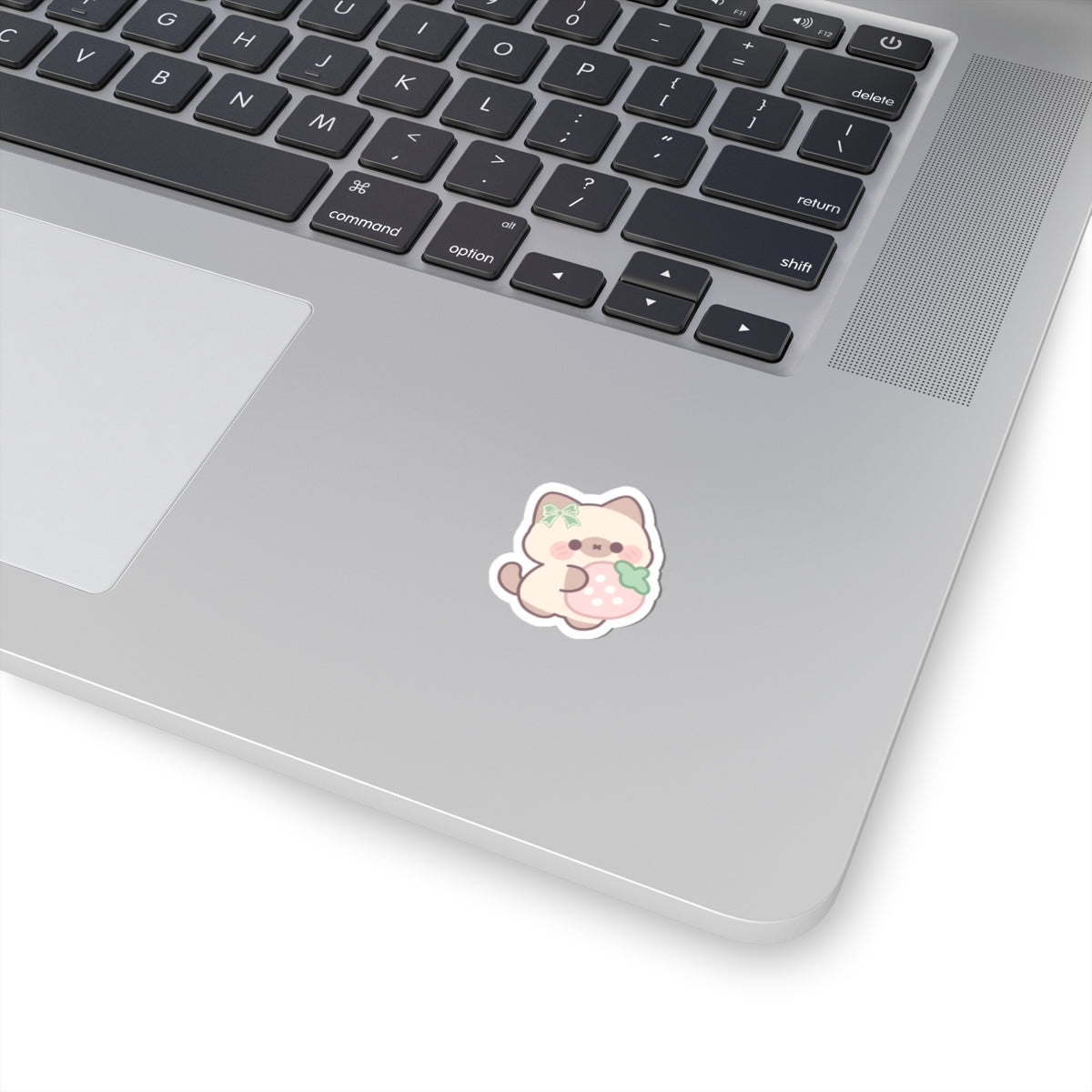 Kawaii Cat with Strawberry Kiss-Cut Sticker — Cute Pastel Laptop Decal