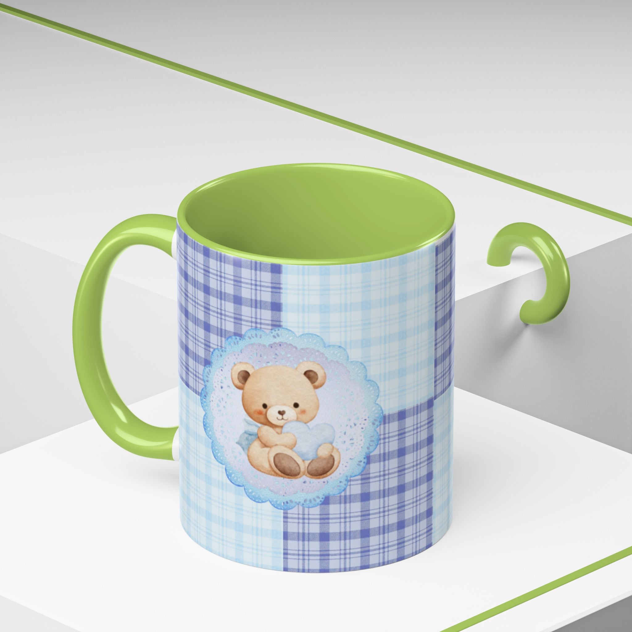 Blue Teddy Bear Plaid Accent Coffee Mug — Baby Shower Newborn Gift (11/15oz)