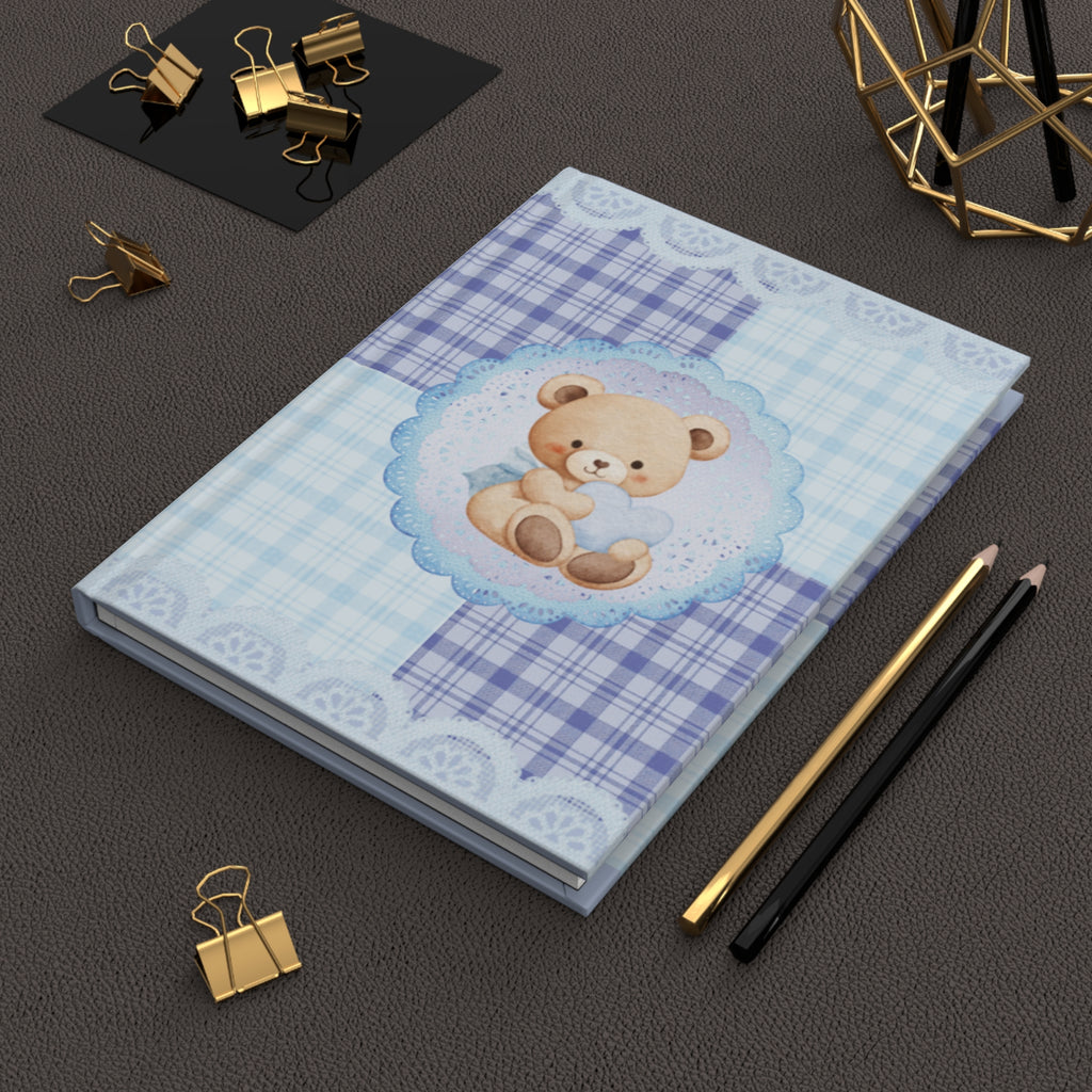 Baby Boy Teddy Patchwork Hardcover Journal — Blue Nursery Notebook